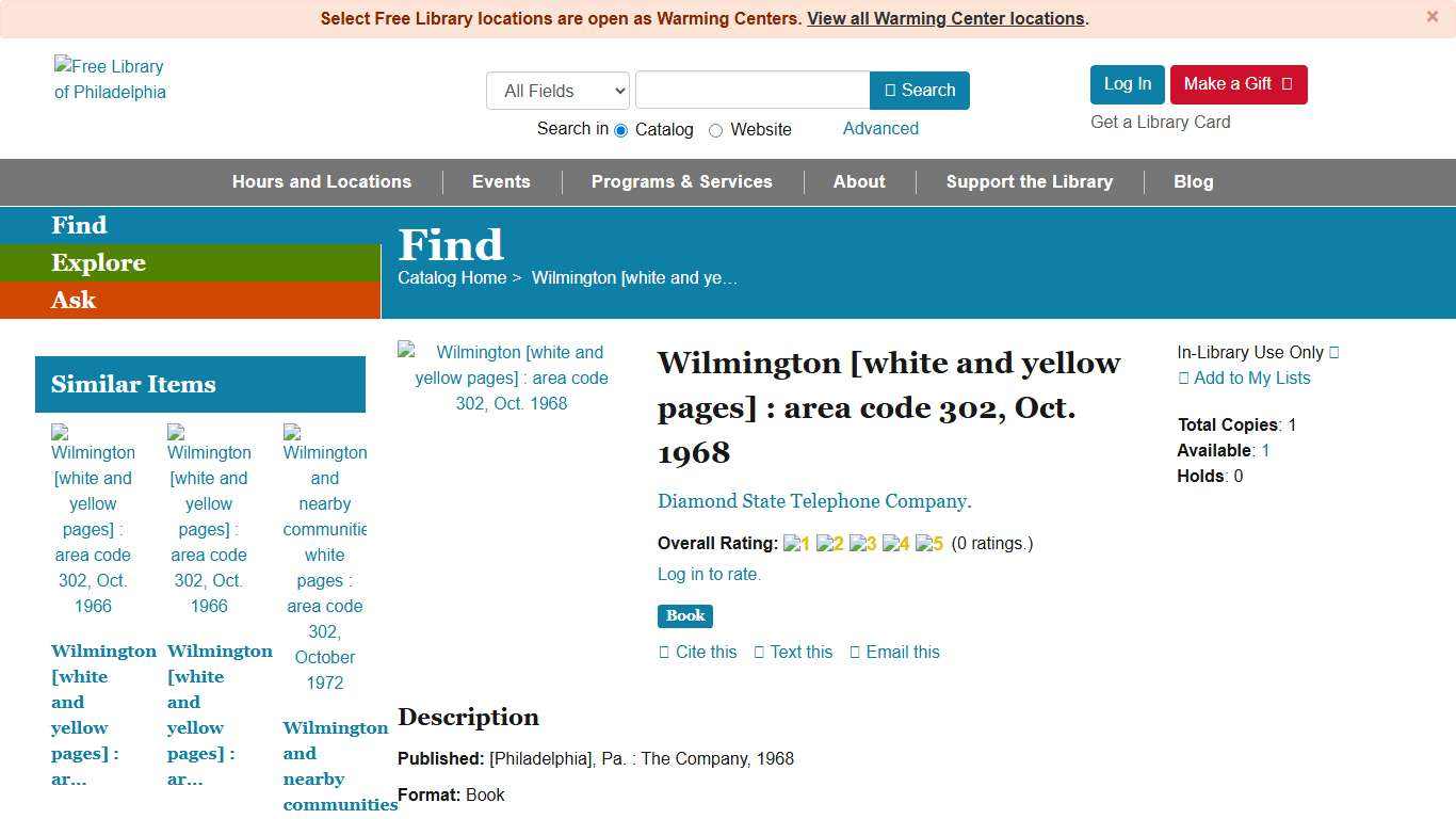 Wilmington [white and yellow pages] : area code 302, Oct. 1968 - Free Library Catalog